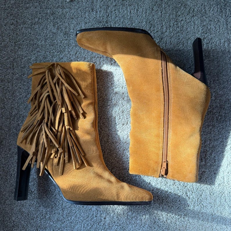 Y2K Vintage Suede Square Toe Fringe Ankle Boots 8.5 Camel Western Boho Cowgirl image 2