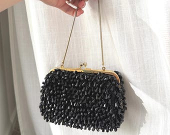Vintage 60s Walborg Black Beaded Clutch Evening Bag Gold Chain Rhinestone Clasp
