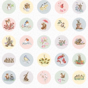 May include: A repeating pattern of circular illustrations featuring various animals and flowers. Each circle has a pastel background and depicts a different animal, such as a rabbit, squirrel, or bird, surrounded by floral elements. The overall design is whimsical and nature-themed.
