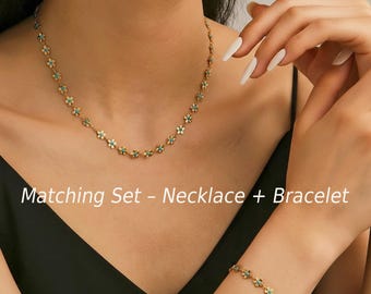 18K Gold Plated Blue Enamel Flower Necklace and Bracelet Set, Double Sided Floral Pendant Titanium Steel Jewelry Set for Women Gift Elegant