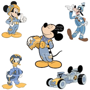 May include: Illustrations of Disney characters Mickey Mouse, Goofy, and Donald Duck in racing outfits. The image shows the characters in different poses, alongside a race car. The colour scheme features blue, yellow, and black.