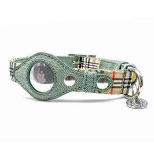 Airtag Collar - Denim & Beige Plaid for Pets