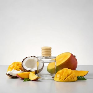 May include: A clear glass bottle with a wooden cap is surrounded by fresh mango and coconut. The mangoes are cut into slices and cubes, displaying vibrant yellow and red hues. A halved coconut is also present.