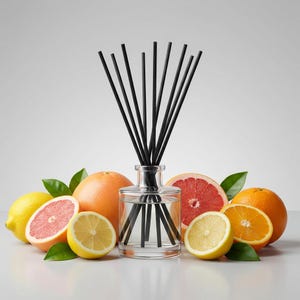 May include: A clear glass diffuser bottle with black reeds, surrounded by fresh citrus fruits. The fruits include sliced lemons, grapefruits, and oranges, with green leaves. The arrangement suggests a refreshing, natural fragrance.