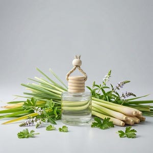 May include: A clear glass bottle with a wooden cap and a rope loop, filled with a light green liquid. The bottle is surrounded by fresh green lemongrass stalks, green leaves, and small white and purple flowers, all against a light gray background.