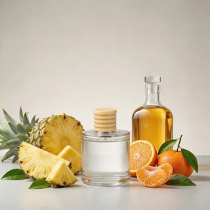 May include: A clear glass perfume bottle with a light wood cap sits next to a sliced pineapple and orange slices. A second bottle filled with amber liquid is also present, along with green leaves. The scene is set against a neutral background.