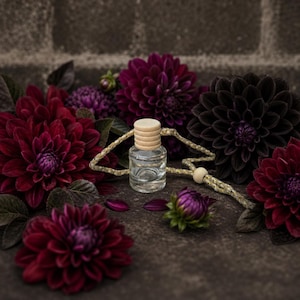 May include: A small, clear glass bottle with a light-colored wooden cap, featuring a braided cord with a wooden bead. The bottle is surrounded by several deep burgundy and dark purple dahlia flowers with dark green leaves.