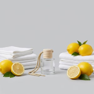May include: A clear glass aromatherapy diffuser with a wooden cap and a woven cord, next to a stack of white towels and fresh lemons. The lemons are whole and sliced, with green leaves. The scene is set against a light gray background.