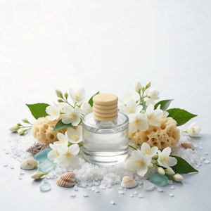 May include: A clear glass bottle with a wooden cap, surrounded by white jasmine flowers, sea sponges, seashells, and sea glass. The bottle sits on a bed of white salt crystals, creating a spa-like aesthetic.