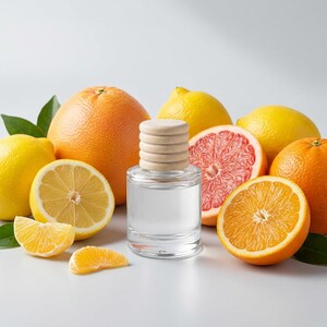 May include: A clear glass bottle with a wooden cap sits among various citrus fruits. The fruits include a grapefruit, oranges, lemons, and a sliced grapefruit and orange. Green leaves are scattered around the fruits. The image has a bright, clean aesthetic.