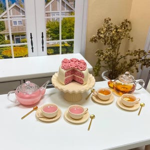 1:12 Dollhouse Miniature Pink Velvet Cake and Mini Tea Sets