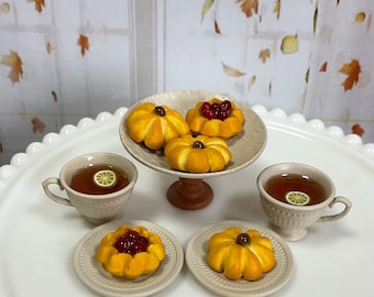 1:6 scale Miniature Cranberry Tarts, Pastry, Cookies and Tea Set for Realistic Doll Food Thanksgiving