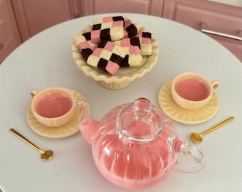 1:6 scale Miniature Pink Chai Tea Set Party, Neapolitan Checkered Cookie Cake Slices
