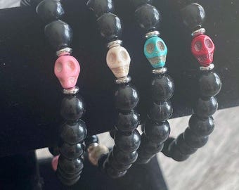 Spooky Skull Head Black Beaded Bracelet Halloween Jewelry Him / Her, 4 Colors, Pink, Red, White, Aqua, Seasonal Party Bling, Free US Ship