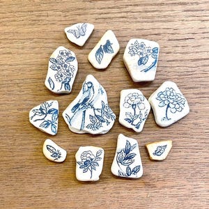 May include: A collection of white ceramic shards with blue floral and bird designs. The pieces vary in shape and size, with some featuring detailed illustrations of flowers, leaves, and a bird. The shards are arranged on a wooden surface.