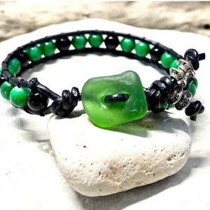 Black Leather Beaded Bracelet w/ Genuine Beach Sea Glass Beach Glass Button, Jewelry, Stackable, Gift for Her, Free US Shipping