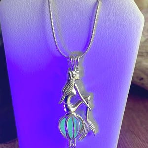 Real UV Sea Glass Women&#39;s Silver-Plated Mermaid Cage Locket Necklace w/ 18&quot; Sterling Plated Snake Chain Jewelry Gift for Her, Free US Ship!