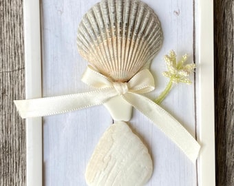 Seashell Framed 3D Art &quot;Waiting Bride&quot; 3x5&quot; White Frame Handcrafted Wedding Gift