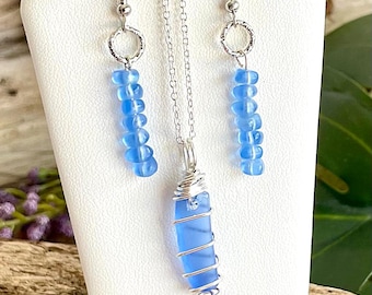 Cornflower Blue Sea Glass Women's Silver Wire Wrapped Charm Necklace 18" & Matching Earrings Set Chain w/ Gift Box, Gift for Her, Free Ship!