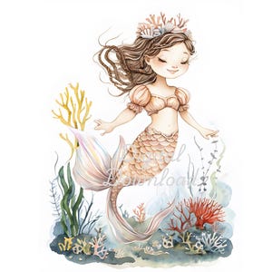 Ensemble de cliparts lunatique sirène avec tresses brunes et diadème nageant gracieusement sous l'eau, téléchargement PNG instantané, cartes d'invitation graphiques