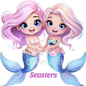 2 ensemble de cliparts sirènes anime mignon et ludique, main dans la main, téléchargement instantané PNG, images, faire-part, cartes, autocollants