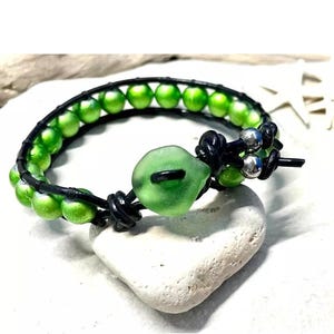 Black Leather Beaded Bracelet w/ Genuine Beach Sea Glass Beach Glass Button, Fits 7&quot; Wrist, Jewelry, Stackable, Gift for Her, Free US Ship