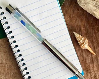 Silver Seaglass Pen - Filled w/ Tiny Pieces of Genuine Blue, Aqua & Clear Sea Glass Beach Glass, Black Ink, Gift for Her, Free US Shipping