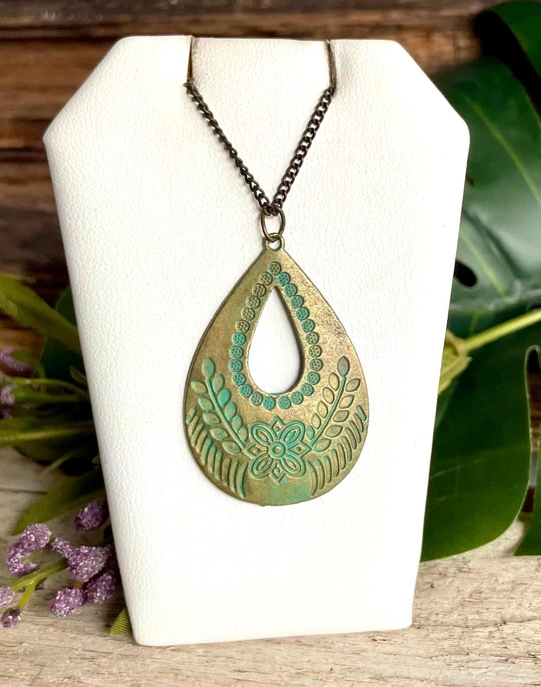 Women's Brushed Copper Floral Patina Pendant Necklace 18"inches, Boho ...