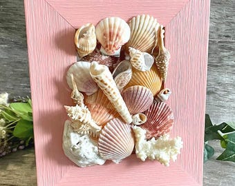 Framed 3D Seashell Mash Up Collage Art 8"X6" Coral Wood Frame, Unique Coastal Home Decor, Mixed Media, Gift for Her, Free US Shipping!