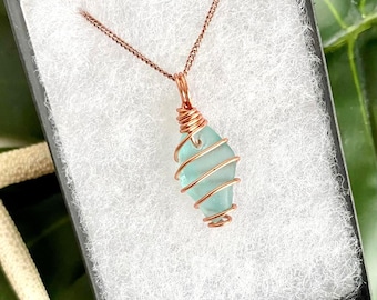 Aqua Blue Sea Glass - Women&#39;s Copper Wire Wrapped Turquoise Beach Glass Pendant Necklace 16&quot; Chain Gift Box Mom Wife Boho Jewelry Free Ship!