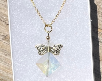 Collana da donna con angelo custode in cristallo dorato, catena placcata in oro da 18", guarigione, protezione, ricordo, regalo di gioielli per lei, spedizione gratuita negli Stati Uniti!