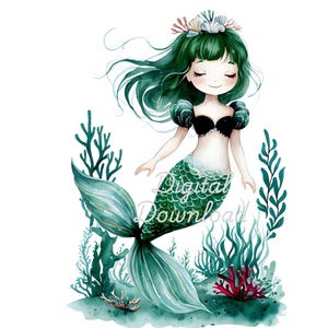 Sirène de dessin animé lunatique avec cheveux verts et queue nager gracieusement sous l'eau Clipart Bundle ensemble téléchargement PNG instantané graphiques Invitations cartes
