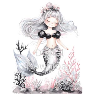 Ensemble de cliparts sirène aux cheveux argentés nageant gracieusement sous l'eau, téléchargement PNG instantané Images graphiques Invitations, cartes, T-shirts