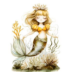 Ensemble de cliparts lunatique sirène avec cheveux blonds et queue dorée gracieusement sous l'eau, téléchargement PNG instantané, cartes d'Invitations graphiques