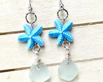 Sea Glass - Blue Starfish Genuine Beach Glass Dangle Earrings Silver French Hooks Nautical Jewelry Mom Wife w/ Gift Box Free Ship!