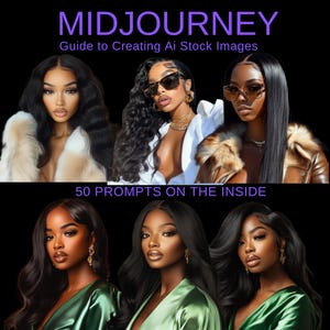 Peut inclure: Un guide pour créer des images de stock d'IA à l'aide de Midjourney, mettant en scène cinq femmes avec des coiffures et des vêtements différents. Le texte de la couverture indique "Midjourney Guide to Creating AI Stock Images 50 Prompts on the Inside."