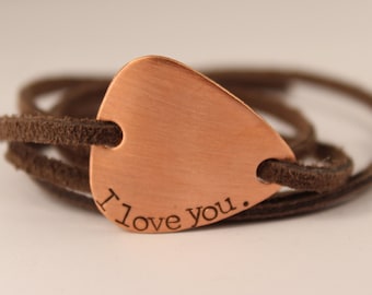 Custom, Hand stamped Guitar Pick leather wrap bracelet - great gift for musicians, music lover