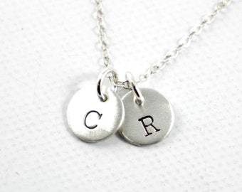 TWO Charm Petite Sterling Silver Personalized Initial Charm Necklace - Hand stamped