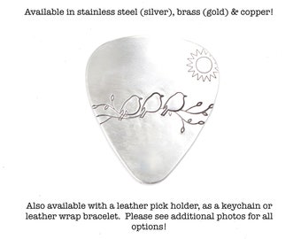 3 Birds Guitar Pick - Available in Stainless Steel, Copper and Brass and as a Keychain or Wrap bracelet