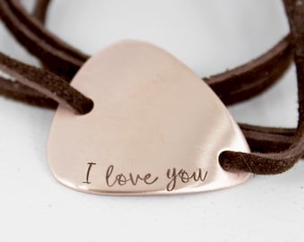 Custom, Hand stamped Guitar Pick leather wrap bracelet - great gift for musicians, music lover