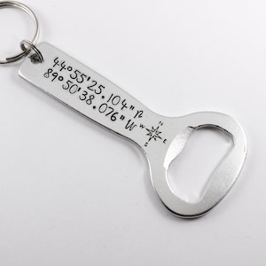 Personalized, Bottle Opener Keychain - your choice of text - coordinate bottle opener - gps bottle opener - custom bottle opener