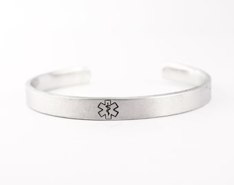 Custom Medical Alert Cuff Bracelet - 1/4” Wide Pure Aluminum - can be stamped with condition on inside or outside