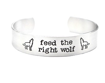 Feed the right wolf 1/2" wide cuff - Available in pure aluminum, stainless steel, copper and brass.