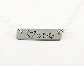 Mother Hen and Chicks Necklace - up to 5 Chicks - Hand Stamped Sterling Silver Necklace - Mother Hen necklace