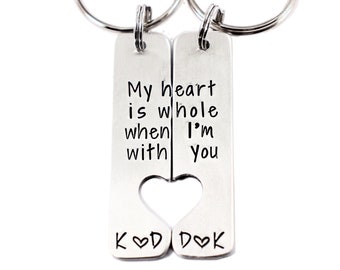 My heart is whole when I'm with you Couples Keychain Set with heart cutout - his and hers keychains - matching keychains