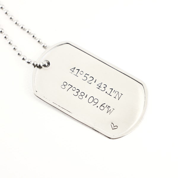 GPS / Latitude Longitude / Location - Stainless Steel Military Style Dog Tag and Ball Chain Necklace or Keychain