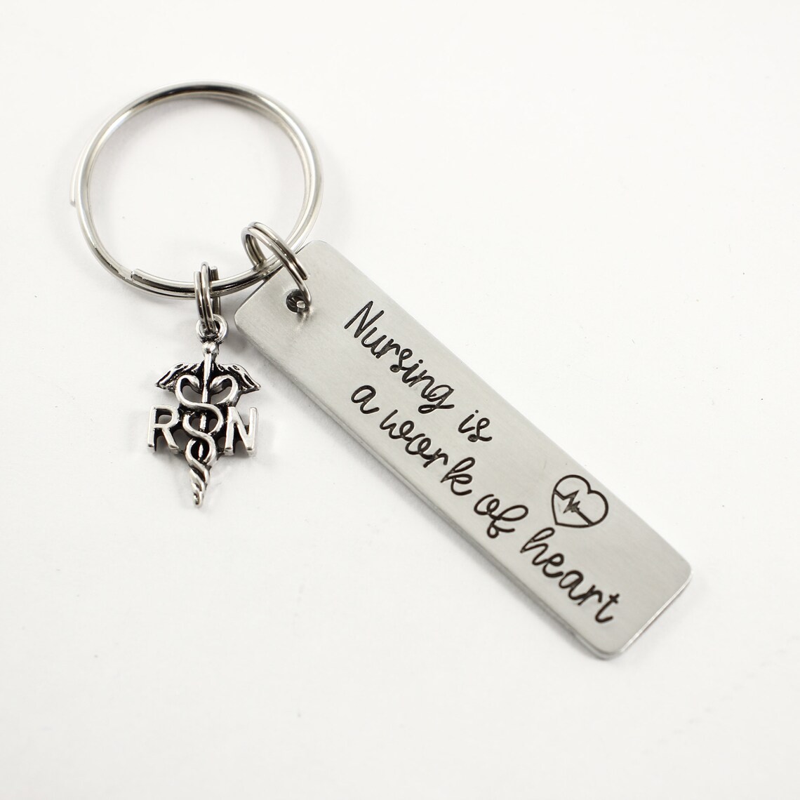 Nursing is a Work of Heart Hand Stamped Keychain With RN or BSN Charm ...