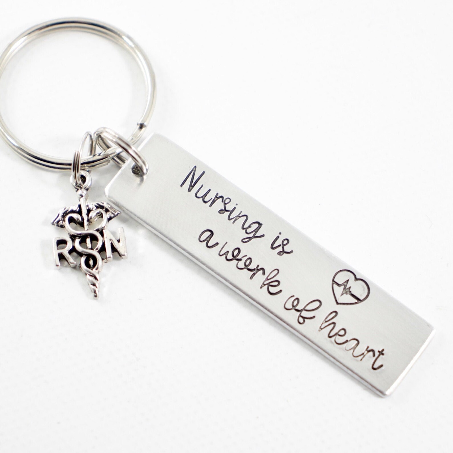 Nursing is a Work of Heart Hand Stamped Keychain With RN or BSN Charm ...