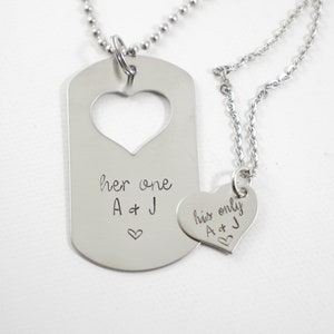 Her One / His Only dog tag with heart cut out & Heart set - available as keychain or necklace set (or mix thereof)