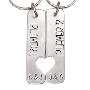 Player 1 Player 2 - Couples Keychain Set with heart cutout - his and hers keychains - matching keychains - best friend keychains